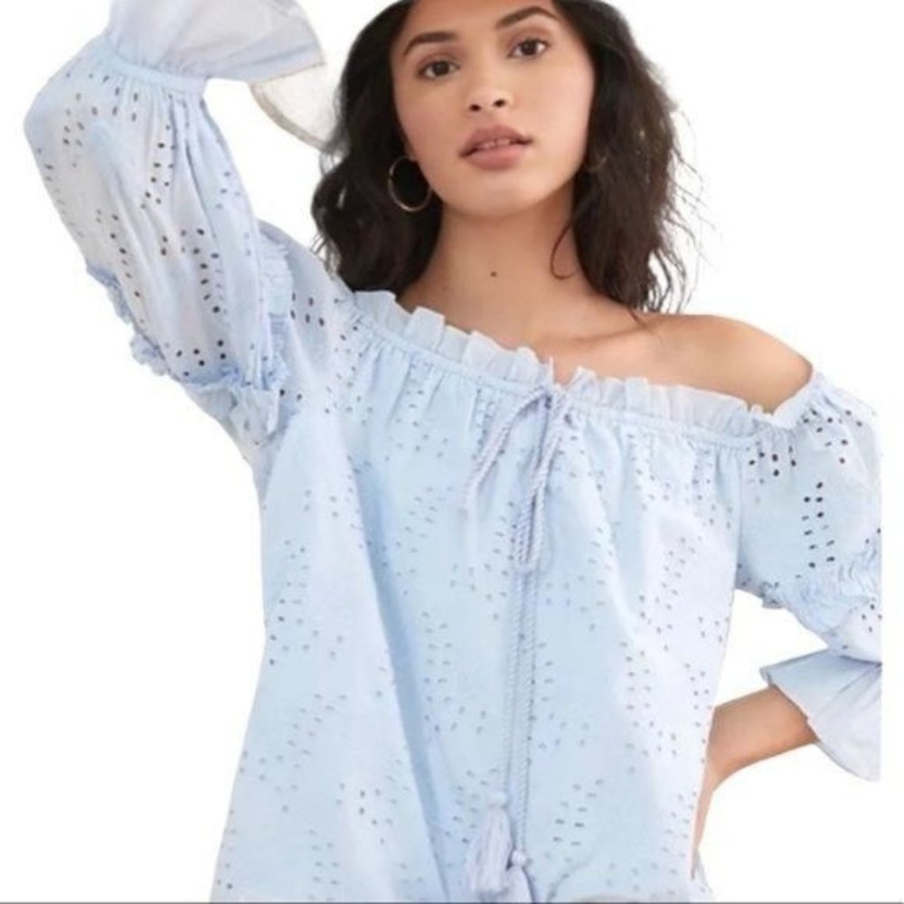 Anthropologie Jane Eyelet Lace Off Shoulder Top in Blue Size 12 EUC